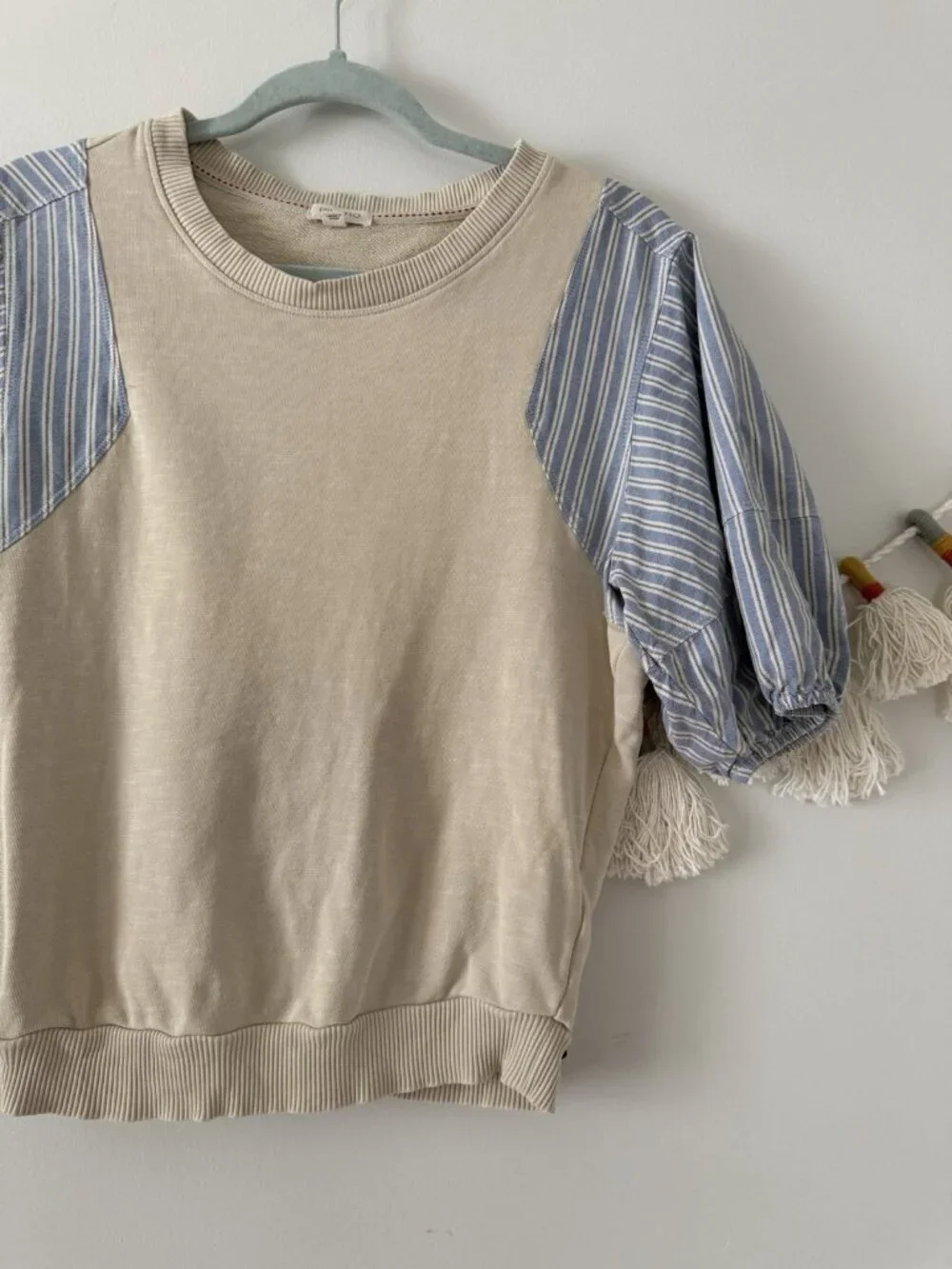 Anthropologie Pilcro Woven Stripe Puff Sleeve Cream Top Basics Coquette Coastal